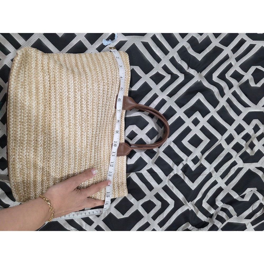 Woven Straw Tote Bag Beige Brown Faux Leather Handle Beach Summer Carryall - Picture 6 of 7